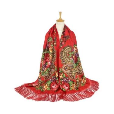 Imagem de Lenço Estampado Floral Estilo Russo Feminino Retrô Com Franjas Xale Uc