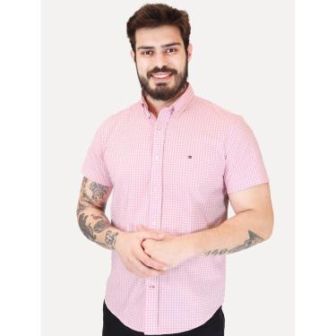 Imagem de Camisa Tommy Hilfiger Masculina Manga Curta Xadrez Gingham Branca/Rosa-Masculino