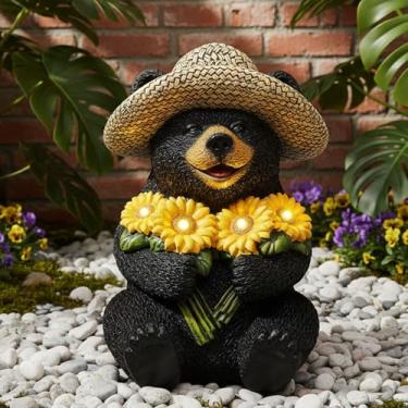 Imagem de JJALIGHTS Urso preto movido a energia solar, adorável urso de resina com girassóis e chapéu de palha, presentes perfeitos para o dia das mães e decoração exclusiva de jardim e varanda
