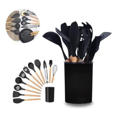 Imagem de Kit de Utensílios de Cozinha C-12 para Preparo de Alimentos em Silicone com Cabo de Mad...