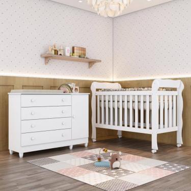 Imagem de Quarto Bebê Berço Americano 3 em 1 Lila Cômoda Infantil Fraldário Taís 100% MDF Branco Carolina Baby