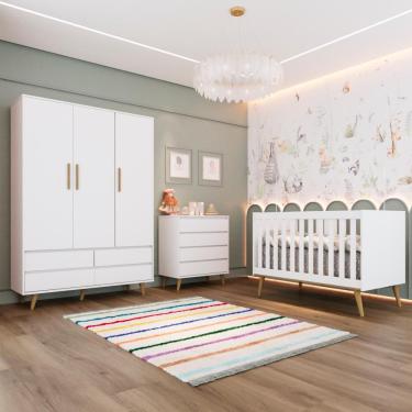Imagem de Quarto Bebê Completo Retrô Lorena Berço Americano 3 em 1 Ludmila Cômoda 4 Gavetas Guarda Roupa 100% MDF Branco Carolina Baby