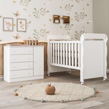 Imagem de Quarto Bebê Berço Americano 3 em 1 Mirelle Cômoda Infantil Fraldário Lia 100% MDF Branco Carolina Baby