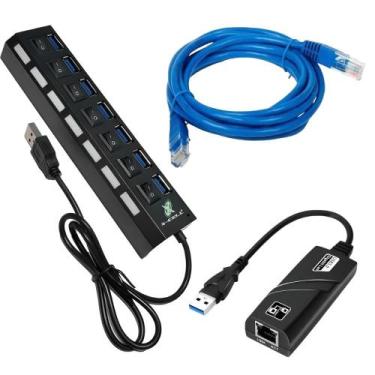Imagem de Kit Conectividade Internet USB RJ45 Hub USB Cabo Rede 5 mts - OEM