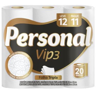 Imagem de Papel Higiênico Neutro Personal Vip 12 Rolos 20m Folha Tripla Extrato de Algodão