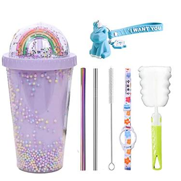 Imagem de Copo de viagem arco-íris com canudo copo de festa copo de gelo para piquenique congelador caneca gelada (roxo arco-íris, 550 ml)