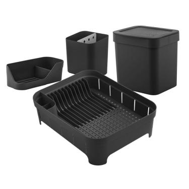 Imagem de Kit Cozinha Escorredor De Louças Talheres Lixeira 4,7L Organizador De Pia Bancada Preto - Ou