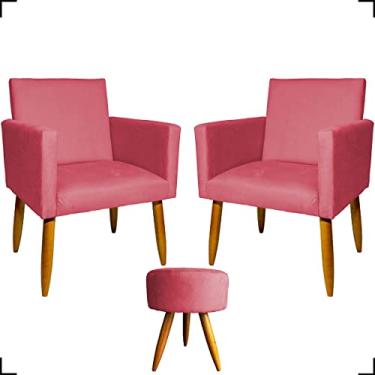 Imagem de Kit 2 Poltronas Decorativas Para Sala + Puff Redondo Para Recepção Manicure Sala De Espera Consultório Escritório Sala De Estar Suede Cores Pé Castanho - Clique & Decore (Rosê)