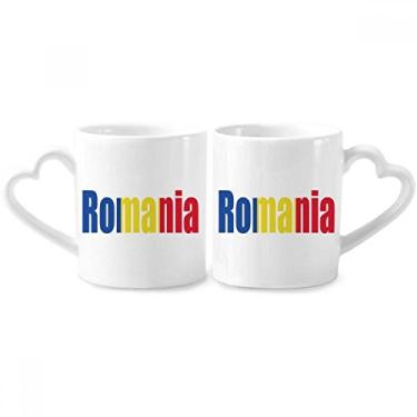 Imagem de Conjunto de canecas de porcelana para casais com nome da bandeira do país da Romênia com alça de coração