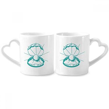 Imagem de Conjunto de canecas de porcelana para casais, ilustração de vida marinha, com vieira, verde, coração