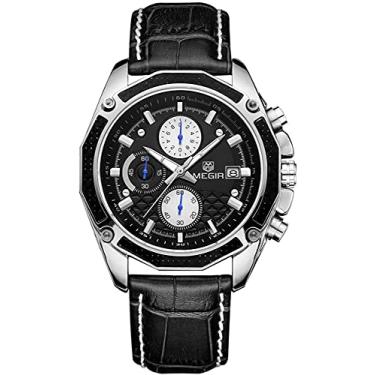 Imagem de MEGIR Relógios de pulso analógicos de quartzo com cronógrafo para homens, moda esportiva, pulseira de couro, relógios de pulso à prova d'água com ponteiros luminosos, 2015 Preto