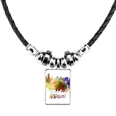 Imagem de DIYthinker Colar de aquarela Miami America City Jewelry Torque com pingente de corda de couro