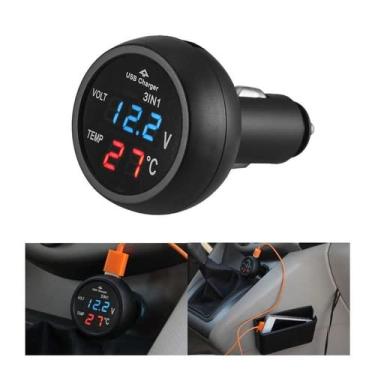 Imagem de 3 em 1 Voltímetro Termômetro Carregador Usb Isqueiro Veicular 12v 24v