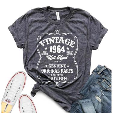 Imagem de ROKO CLOTHING Camisetas vintage bem envelhecidas 1964 de manga curta com letras estampadas para presente de aniversário de 60 anos para homens, mulheres, Cinza escuro unissex mesclado, M