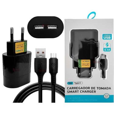 Imagem de Cabo Tipo C Usb 1m + Carregador Fonte Tomada Com 2 USB 5.1A Ultra Rápido Resistente - Dados e Carga