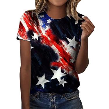 Imagem de Camisetas femininas patrióticas verão bandeira americana listras estrelas camisetas patrióticas 4 de julho Memorial Day túnica casual, Preto, GG