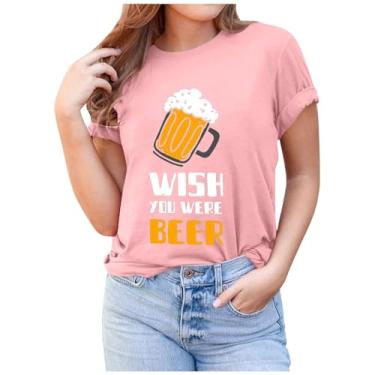 Imagem de Camisetas femininas Wish You Wear Beer Oktoberfest com estampa divertida de cerveja Beer Fest Túnicas casuais de verão, rosa, 3G
