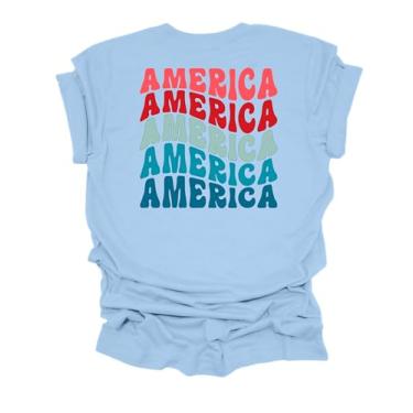 Imagem de Trenz Shirt Company Camiseta feminina de manga curta fofa America Stacked Groovy, Azul bebê, XGG