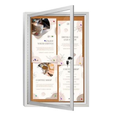 Imagem de OUOFS Caixa de Exibição Fechada com trava para Quadro de Avisos em Madeira Aglomerada Laminada e Vidro Temperado, Prata, Cortiça, Retangular, Montagem no Chão