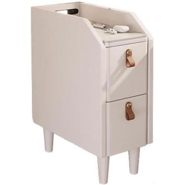 Imagem de Mesa de cabeceira de LED estreita com gavetas, mesa lateral de sofá moderna, mesa de cabeceira de madeira com pernas de madeira maciça para sala de estar e escritórios, branca, 20 cm