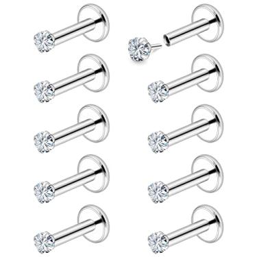 Imagem de Vsnnsns Anéis de nariz de pressão para mulheres 18G 20G sem fio aço inoxidável cirúrgico 316L Pinos de nariz em forma de L Anéis de nariz de ossos de parafuso Piercing de narina CZ 1,5 mm 2 mm 2,5 mm 3 mm Prata 10 pçs, Metal Cristal Strass, Cristal