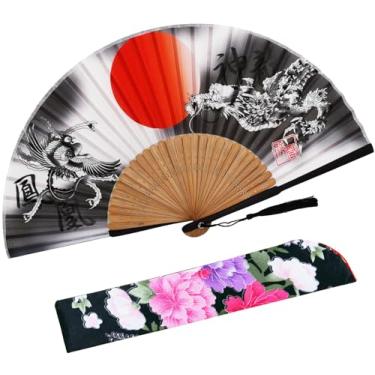 Imagem de STHUAHE Ventilador portátil para mulheres, dobrável, chinês, japonês, vintage, bambu, seda, leques dobráveis para decoração de igreja de casamento, festival de música de dança (Fênix e Dragão)