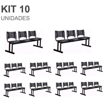 Imagem de Kit 10 Cadeiras Longarinas plásticas 03 Lugares – Cor preta – 23026