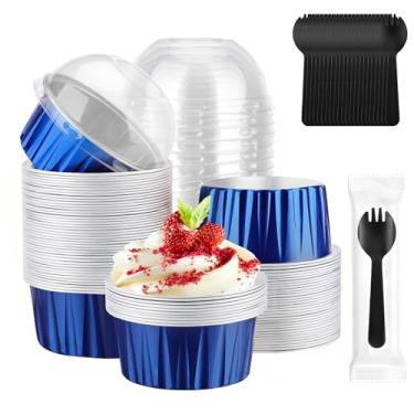 Imagem de EUSOAR Ramequins descartáveis com tampas, 60 peças de mini formas de cheesecake de 142 g e 60 peças de garfos embrulhados individualmente, copos de assar, ramequins de folha de alumínio com tampas