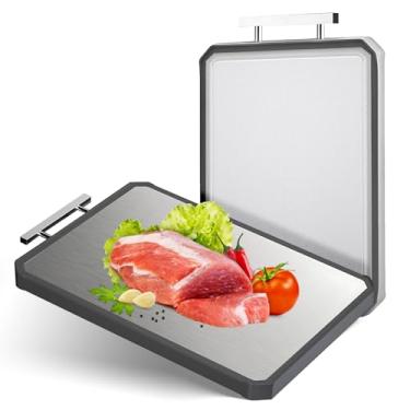 Imagem de Tábua de corte de aço inoxidável, tábuas de corte de dupla face, tábuas de corte grandes para cozinha, grau alimentício, aço inoxidável e palha de trigo, PP, lavável na lava-louças (grande)