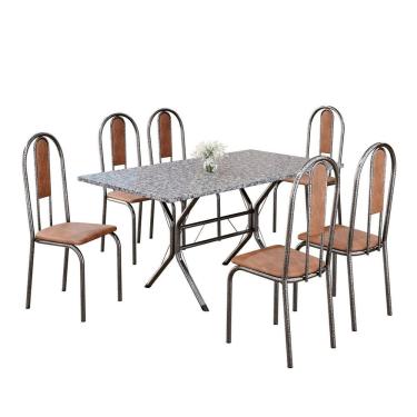 Imagem de Conjunto Sala De Jantar Mesa Retangular 140x75cm Tampo Granito Ocre 6 Cadeiras Linda Yescasa Marrom-prata