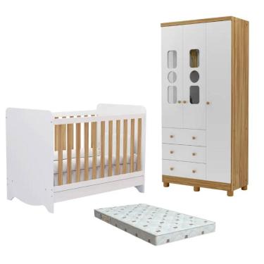 Imagem de Quarto Bebe Berço e Guarda Roupa 3Pt MDF Dorabelly Dyte + Colchão