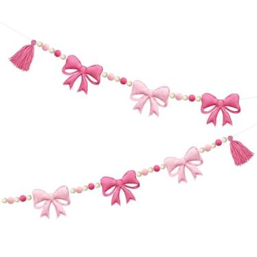 Imagem de pinkblume Decorações De Laço Rosa Pré-Enfiadas Em Feltro, Faixa Feita À Mão, Bola Lã, Contas Madeira, Guirlanda, Serpentina Para Berçário, Sala Aula, Lareira, Decoração Chá Bebê, Coquete, Suprimento