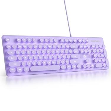 Imagem de surmen Teclado roxo silencioso com fio, máquina de escrever retrô, teclados macios de tamanho completo com teclado numérico, teclas redondas, USB retroiluminado para escritório, desktop, laptop (roxo)