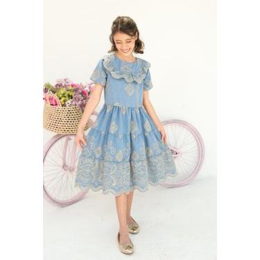 Imagem de Vestido Infantil Teen Bordado Vazado Laise Decote Com Babados Manga Cu