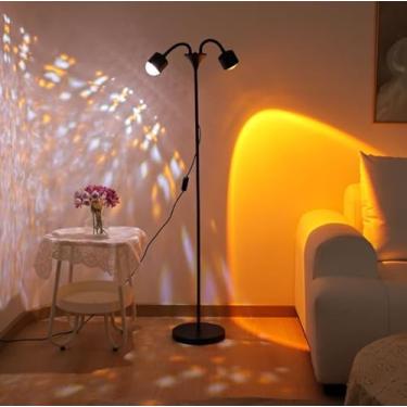 Imagem de RaGiBow Luminária De Chão Com Projetor Várias Cabeças, Estilo Pôr Do Sol, Ondas Oceano 3D, Iluminação Led Dupla Face, Lâmpada Halo Colorida, Ambiente Para Quarto, Duas Lâmpadas Atmosfera Rotação 360