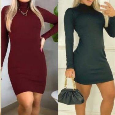 Imagem de Vestido manga longa gola alta tamanho curto tecido elastano malha cane