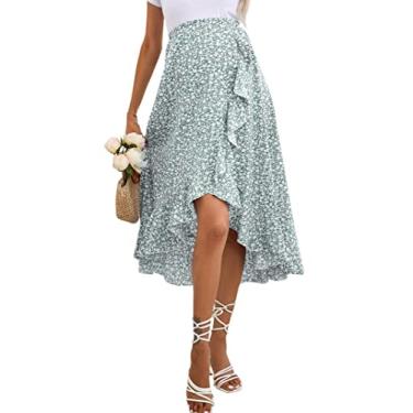 Imagem de FUNJULY Saia feminina midi plissada elástica cintura alta verão primavera boho casual babados saia longa dividida, Verde floral - v, G
