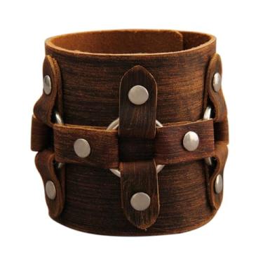 Imagem de GelConnie Pulseira de couro para homens e mulheres pulseira de couro larga grossa viking masculina pulseira de couro gótico pulseira vintage rock, Couro, Sem Pedra Preciosa