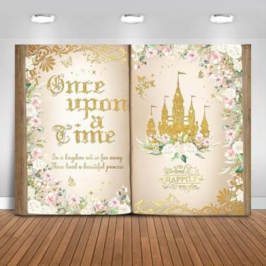 Imagem de Fitumiw Once Upon a Time Pano de fundo 3 x 2,1 m rosa floral dourado castelo princesa conto de fadas decoração de festa de aniversário para meninas abertura livro mágico história romântica decoração