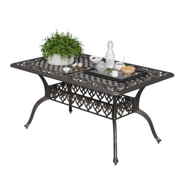 Imagem de Mesa de jantar externa de alumínio fundido, mesa de jantar de pátio de 149 cm com orifício para guarda-chuva de 5 cm e almofadas ajustáveis para jardim, quintal, deck, bronze escuro