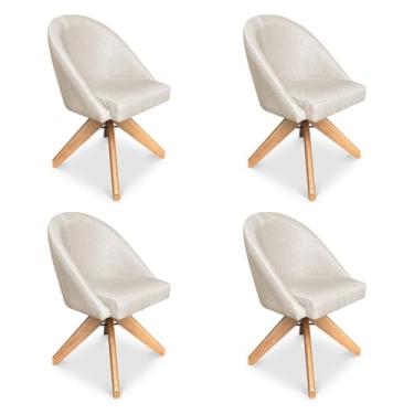 Imagem de Kit 04 Poltronas Cadeira Giratória Bela Linho Bege Base de Madeira - Pallazio