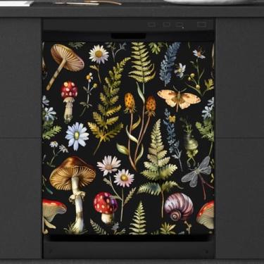 Imagem de DXTKWL Capa magnética para lava-louças, cogumelo, floresta, folhas de caracóis, reutilizáveis, lava-louças, adesivo, capa magnética decorativa para máquina de lavar louça, painel de cobertura de porta