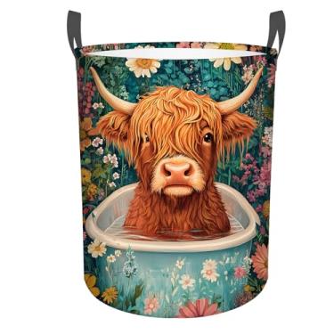 Imagem de Cesta de roupa suja Highland Cow, dobrável, de tecido Oxford, bolsa divertida, cesto de roupa, balde de roupas, organizador de brinquedos para banheiro, armazenamento de lavanderia, quarto, 18,9 x