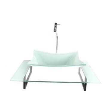 Imagem de Kit Cuba Vidro Retangular Tampo 60Cm Branco E Suporte - Cubas E Gabine