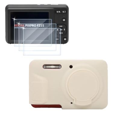 Imagem de Protetor de tela (3 + 1 pacote) compatível com câmera digital Kodak PIXPRO FZ55, filme de vidro temperado antiarranhões de alta definição e capa de silicone macio (branco leite)