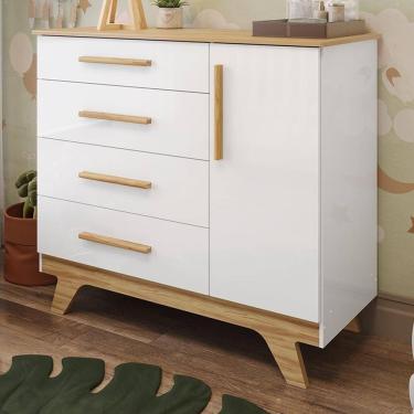 Imagem de Cômoda Infantil Retrô 1 Porta E 4 Gavetas Branco Brilho/amêndoa - Móveis Peroba