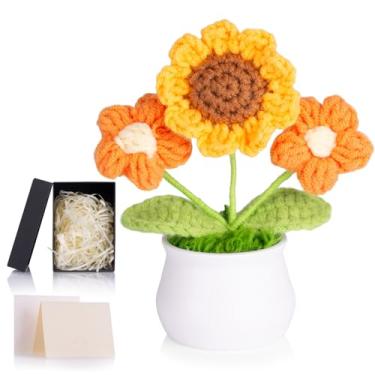 Imagem de ZHIYUXI Flores de crochê, girassóis de crochê amarelo artificial com bufante, presentes para mulheres, girassóis feitos à mão, flor de malha para painel de carro, decoração de escritório em casa