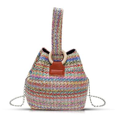Imagem de Bolsa de palha, sacola feminina boêmia de palha tecida à mão, bolsa balde portátil pode ser transversal, bolsa de verão adequada para praia, viagens, combinação diária (roxa), Roxa