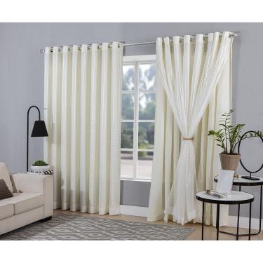 Imagem de Cortina Sala Quarto Voal Xadrez Microfibra Palha 4,00X2,80