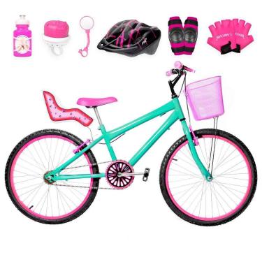 Imagem de Bicicleta Feminina Aro 24 Alumínio Colorido + Kit Premium Cor Verde água E Pink